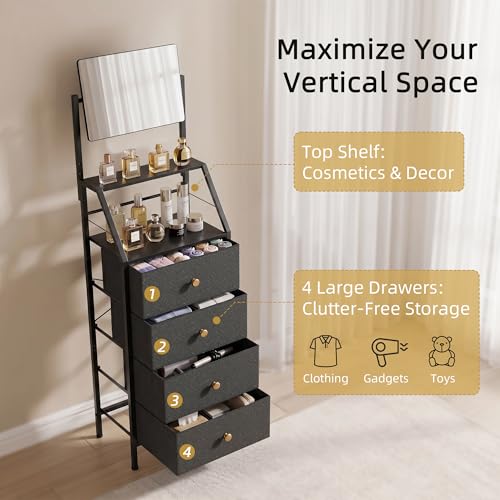 HIGDBFE Black Vanity Dresser with Adjustable Mirror, 4 Drawers, 15.3" W, 58" Height