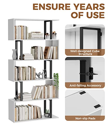 Gadroad 5-Tier S-Shaped Tall Bookshelf - White, 27.56W x 62H, Space-Saving Storage
