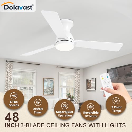 48-Inch White Flush Mount Ceiling Fan with Lights and Remote Control