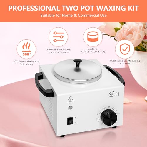 Professional Wax Warmer Single Pot Waxing Kit for Painless Hair Removal, Women Men Portable Wax Heater Machine with Adjustable Temperature Set, 50pcs Sticks, 20pcs Protective Collars