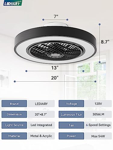 LEDIARY 20 Inch Black Bladeless Enclosed Ceiling Fan with Dimmable LED Light