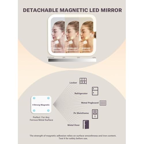 Qislee Makeup Box with A Detachable Lighted Mirror, Waterproof Travel Train Case, Cosmetic Organizer and Makeup Suitcase with Adjustable Dividers, Magnetic LED Mirror(Rose Gold)