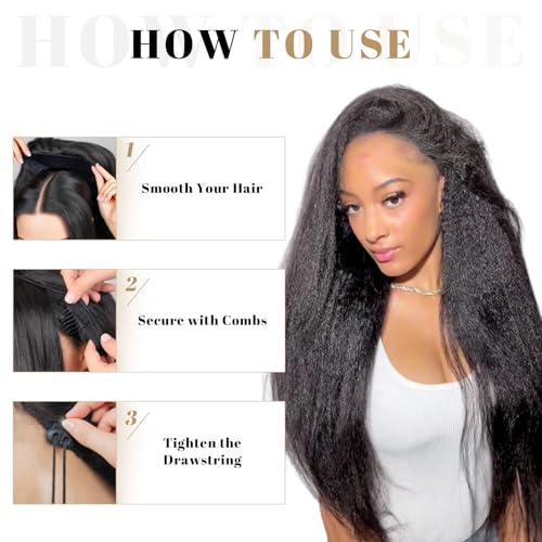 Looxey Black 1B Kinky Straight Half Wig 22 Inch 3-in-1 Yaki Drawstring Synthetic Wig for Black Women