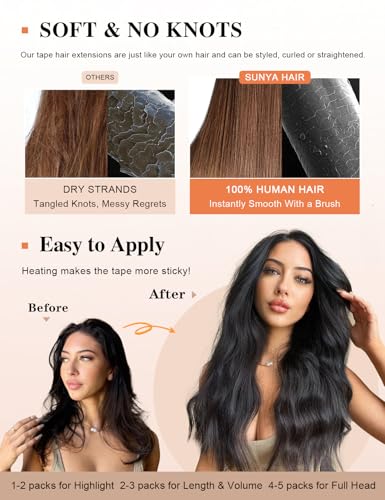 Sunya Tape in Hair Extensions 22 Inch Straight Human Hair Black #1B - 20 Pieces, 50g
