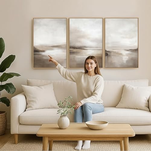 Neutral Abstract Landscape Wall Art Set - 3 Panels 16x24 Inches Framed