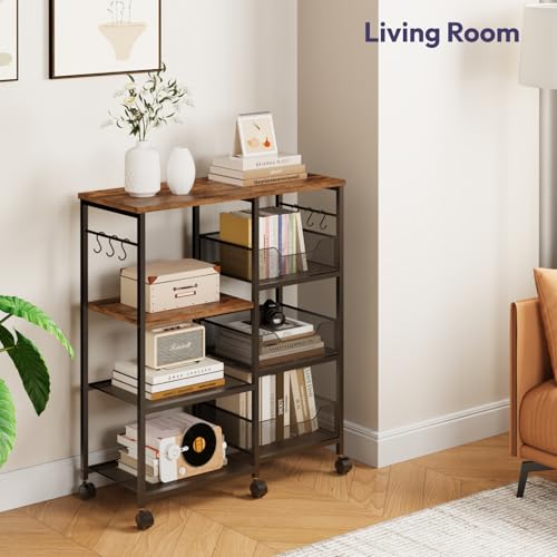 SWTYMIKI Espresso Kitchen Island Cart on Wheels - 4-Tier Rolling Storage with Hooks
