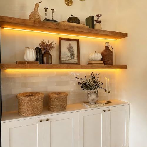 Walnut Floating Shelves Set of 2 - 36 Inch Wall Shelves with LED Light, Rustic Modern Design