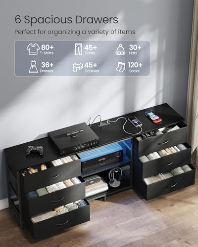 SONGMICS TV Stand for Up to 70 Inch TVs with 6 Fabric Drawers & Shelves - Ink Black, 13.8D x 68.4W x 26.8H