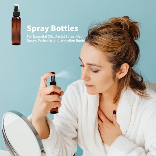 4 oz Amber Plastic Spray Bottles Pack of 36 with Funnels & Labels - Travel & Essential Oils