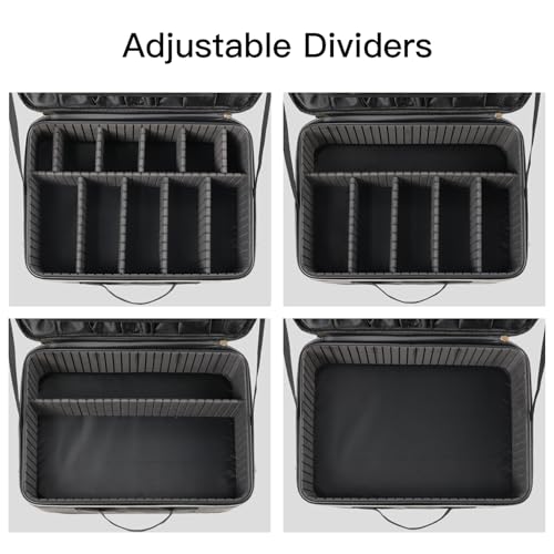 Makeup Travel Case, 16 Inch Makeup Artist Bag with Compartment and Dividers, Portable Cosmetic Bag for Women with Brush Storage Sturdy Dual Zip Closure, Waterproof, Durable, Gift for Her, Black