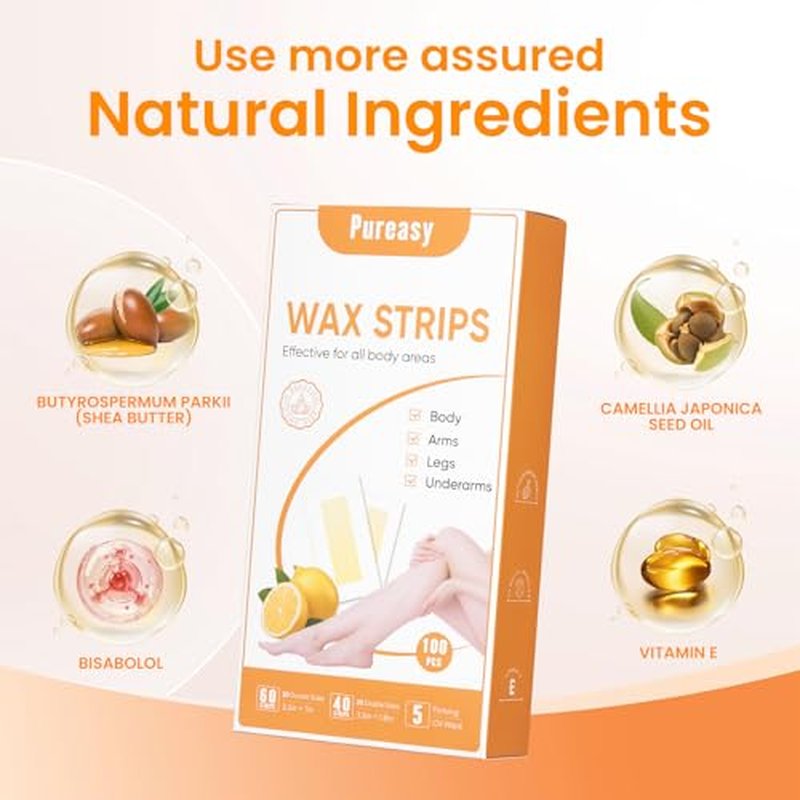 100 PCS Wax Strips for Hair Removal: 40 Facial & 60 Body Hair Removal Waxing Kit with Calming Oil Wipes - For Face, Eyebrow, Body, Arms, Legs, Bikini Area