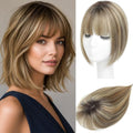 Human Hair Topper with Bangs - 10 Inch Real Hair Clip-In Fringe - Medium Brown & Blonde Mix with Dark Brown Roots