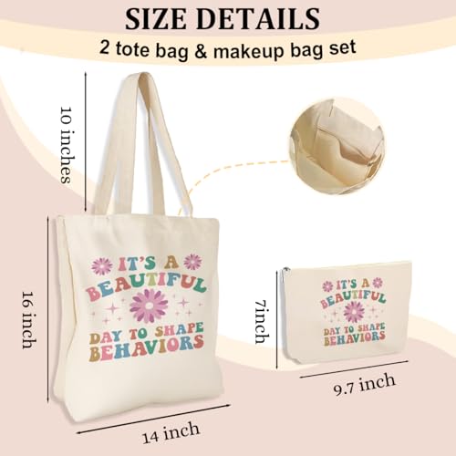 To Shape Behaviors 2pcs Cosmetic Bag Canvas Tote Bag for Women, Beach Grocery Canvas Tote, Behavior Therapist ABA Therapist Appreciation Gift for Friend Nurse Birthday Christmas Mental Health Gifts