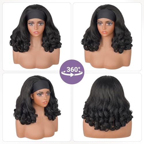 Black Yaki Curly Headband Wig 16 Inch Kinky Curly Synthetic Half Wig for Black Women