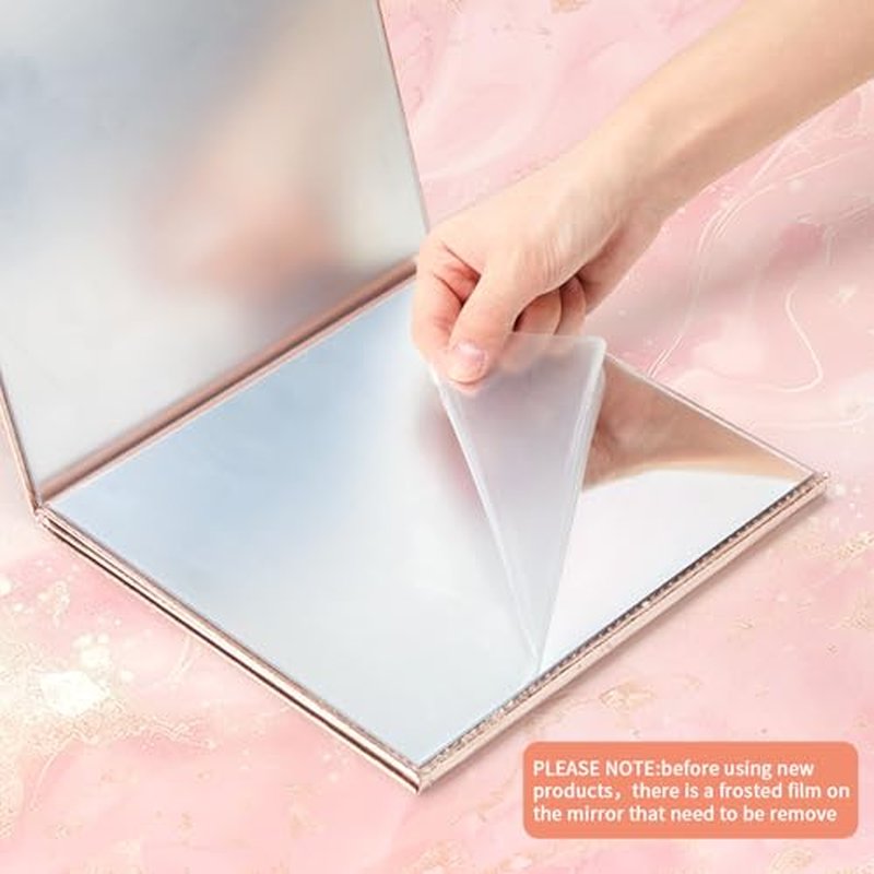 3 Way Foldable Full Length Mirror with Handle 31.89 x 11.22 Inches Leather Portable Camping Travel Hanging Folding Body Mirror for Makeup Dance Home Fitness Spa Hair Styling(Rose Gold)