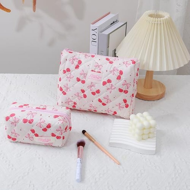 3-Piece Quilted Makeup Bag, Large Cute Coquette Pink Makeup Bag Set, Aesthetic Cosmetic Bags for Women, Travel Toiletry Bag Organizer with Zipper (Cherry Bow)