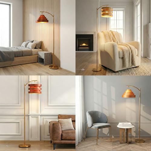 O’Bright Strata Wooden Floor Lamp - Mid Century Modern Standing Lamp with Layered Horizon Shade - Black & Light Oak