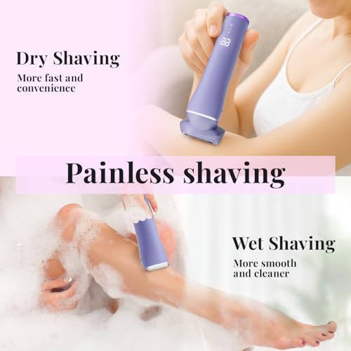 krofaue Women Electric Shaver - Cordless Waterproof Body Foil Shavers, Dry & Wet Electric Razors for Women with LED Display USB Charge Dock Purple