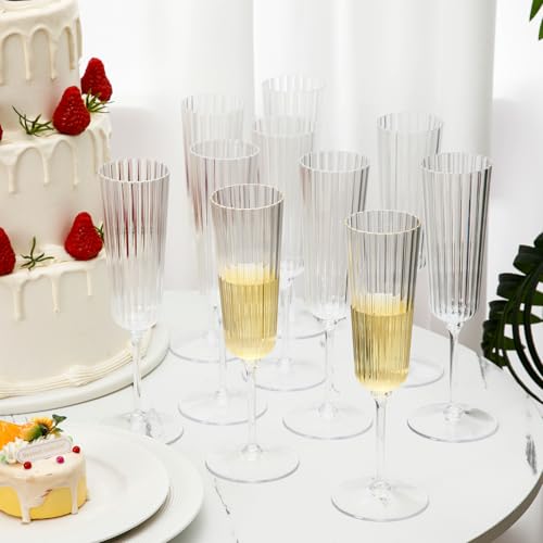 Clear Plastic Ribbed Champagne Flutes Set of 100, 6.4 oz Disposable Drinkware for Parties