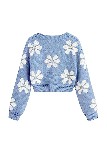 Girls' Floral Print V-Neck Cropped Sweater Jumper - 12 Years, Blue