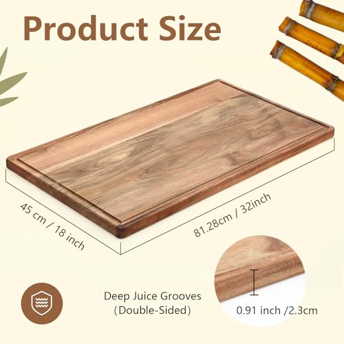 Large Acacia Wood Cutting Board with Juice Groove - Natural 32x18 Inches, Extra Large Serving Platter & Carving Tray