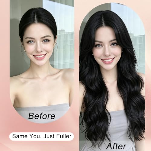 Black Wavy Wig for Women 26 Inch Middle Part Curly Synthetic Hair - Natural Black