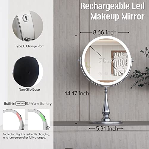 9" Large Lighted Makeup Mirror, 1X/10X Magnifying Vanity Mirror with 3 Colors Dimmable Lightning, 80 LED Lights, 360¡ÆRotation Double Sided Standing Desk Mirror