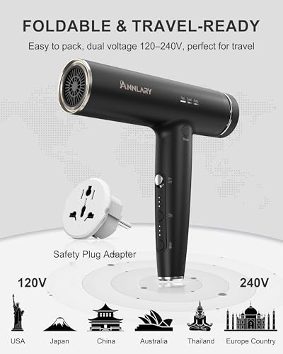 ANNLARY Matte Black Dual Voltage Travel Hair Dryer with Diffuser & Ionic Technology