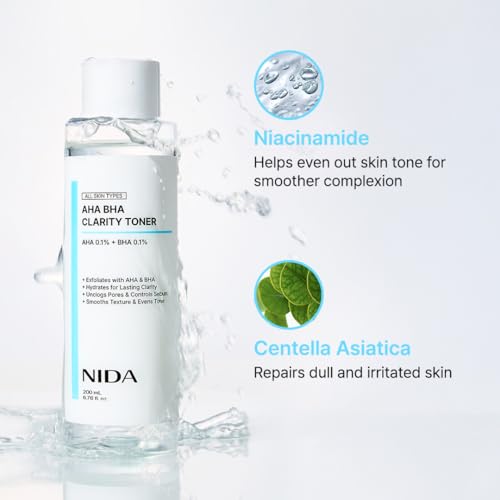 NIDA AHA BHA Clarity Toner | AHA 0.1%, BHA 0.1%, Niacinamide,Centella Asiatica | Exfoliate, Hydrate, Pore Control, Evens Tone | 6.76 fl. oz., 200ml