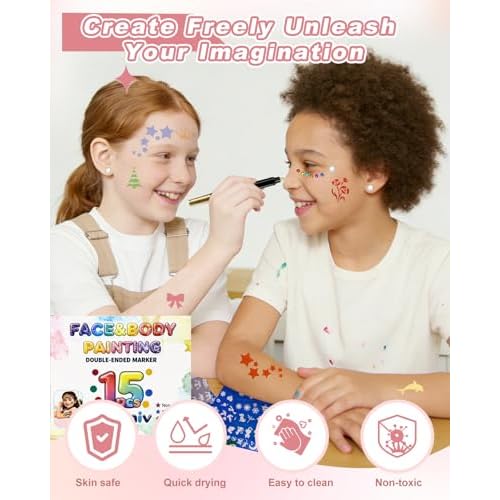 Oiomniv Temporary Tattoo Markers for Skin, 15PCS Body Markers Dual-End for Adults, 78 Tattoo Stencils Temporary 2 Face Gems Sticker, Glitter Matte Neon Tattoo Pens, Flexible Brush Tip, Skin Safe