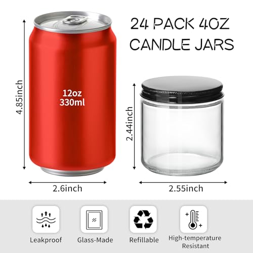 KEYWING 4 oz Clear Candle Jars with Lids, 24 PCS Glass Jars with Black Metal Lids, Round Candle Containers, Empty Jar for Candles Making, Powder, Liquid, Cream