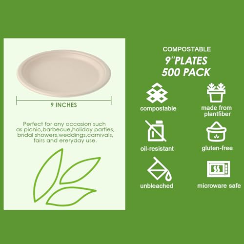 Vplus 500 Pack 9-Inch Compostable Sugarcane Fiber Plates Eco-Friendly Durable Dinnerware