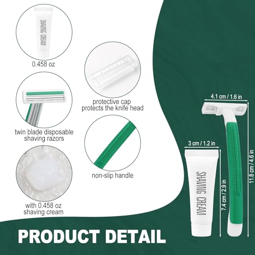 Disposable Razors in Bulk,Green Razors Individually Wrapped Bulk,Twin Blade Razors with Clear Safety Cap and Shaving Cream, Razors For Homeless, Hotel,Air Bnb,Shelter/Homeless/Travel (200)