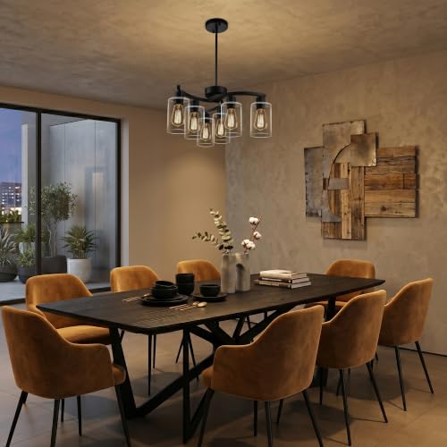 Black Farmhouse Chandelier - 6-Light Modern Pendant Light Fixture with Adjustable Height