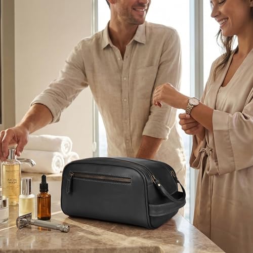 Leather & Latch Full Grain Leather Toiletry Bag Black Water-Resistant Travel Organizer