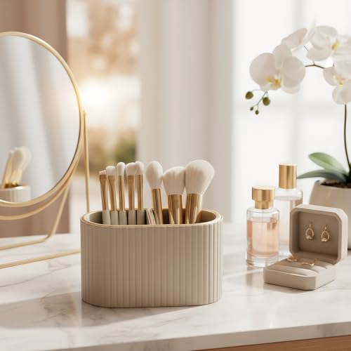 KINGFOM Makeup Brush Holder Organizer with Divider - Mocha Beige Leather Vanity Storage