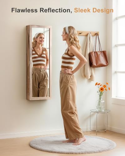 Nicetree 6 LEDs Jewelry Armoire Wall Mirror - Oak, Lockable & Space-Saving