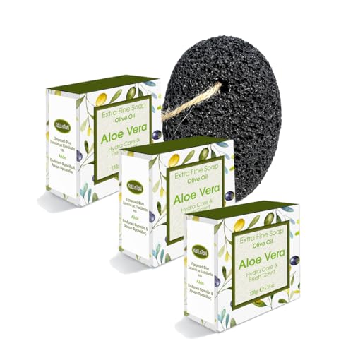 Kalliston, Aloe Vera Olive Soap, with Pumice Stone, Natural Organic Ingredients, Spa Soap Bars, Product of Greece, 4.5oz Each, Pack of 4
