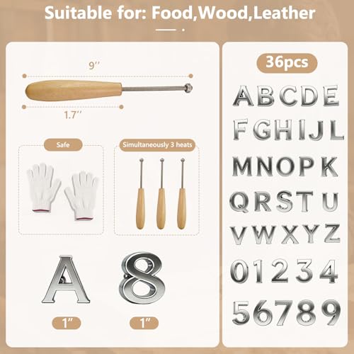 1 Inch Branding Iron Set with Letters & Numbers - Stainless Steel, DIY Wood & Leather Stamping Kit, Includes Heat Rods & Gloves