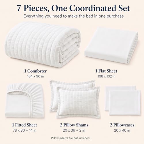 White King Size Seersucker Comforter Set - 7 Pieces All-Season Bedding