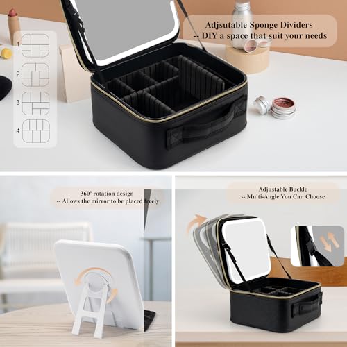 SJD LACE Black Travel Makeup Bag with LED Mirror, Waterproof Cosmetic Organizer