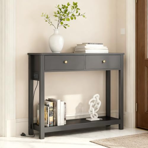 Gizoon 39W Black Sofa Table with Outlets & USB Ports, Modern Console