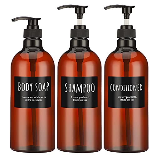 Segbeauty 32oz Shampoo Bottle, Empty Shampoo and Conditioner Bottle with Pump, 3pcs 1Liter Shampoo Dispenser Bottle for Body Soap Conditioner, Labeled Brown Plastic Press Dispenser Refillable