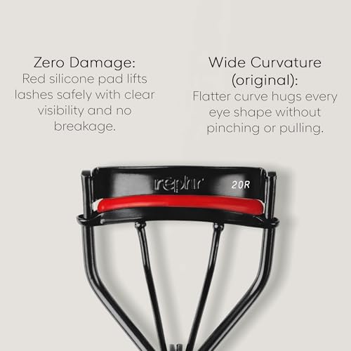 rephr 20R Wide & Flat Eyelash Curler, Double-Barrel Design with 5 Refill Pads, New Improved Durable Coating, Curvature for Universal Eye Shapes