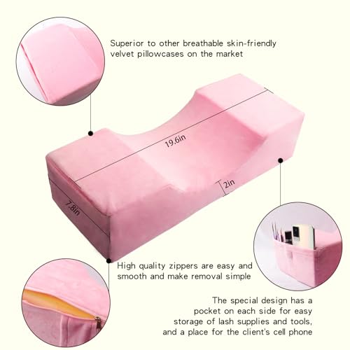Beauty Salon Eyelash Extension Velvet Lash Pillow Beauty Salon Memory Foam Neck Pillow for Lash Extension Grafting Make Up Side Pockets for Tools(Pink,2Pack)