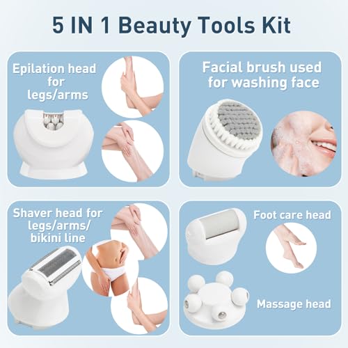 Electric Shaver - Razor - Trimmer for Women Grooming Kit: Women's 5-in-1 Hair Removal Device for Facial Hair Removal and Facial Cleansing & Foot Callus Remover