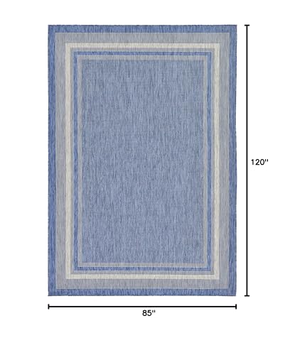 Outdoor Border Area Rug 7'1 x 10' Blue Ivory Rectangular - Unique Loom