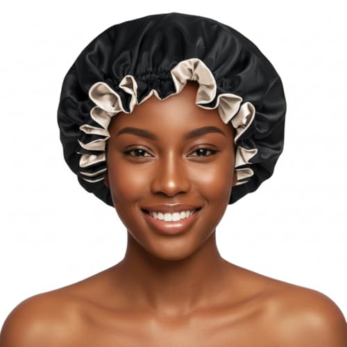 Silk Hair Bonnet for Sleeping, Reversible Bonnets for Black Women, Curly Hair Women Accessories (Black/Champagne)