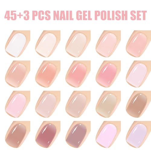Vishine Gel Nail Polish Starter Kit with UV LED Nail Lamp, 45ColorSheer Milky Pink Jelly Nude Transparent Gel Polish, Top Coat, Base Coat & Matte Top Coat with Essential Nail Art Manicure Tools Set