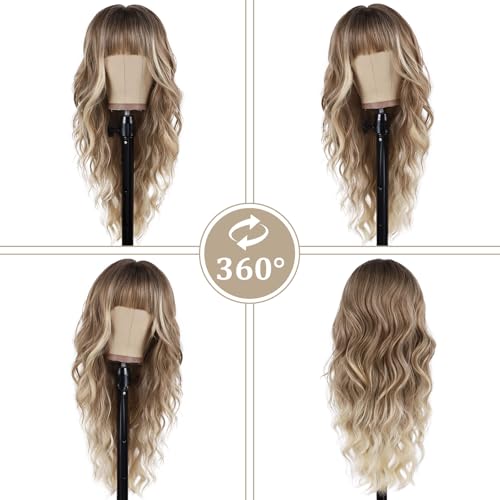 Ombre Blonde Curly Wigs with Bangs - Long 26 Inch Synthetic Heat-Resistant Hair for Women